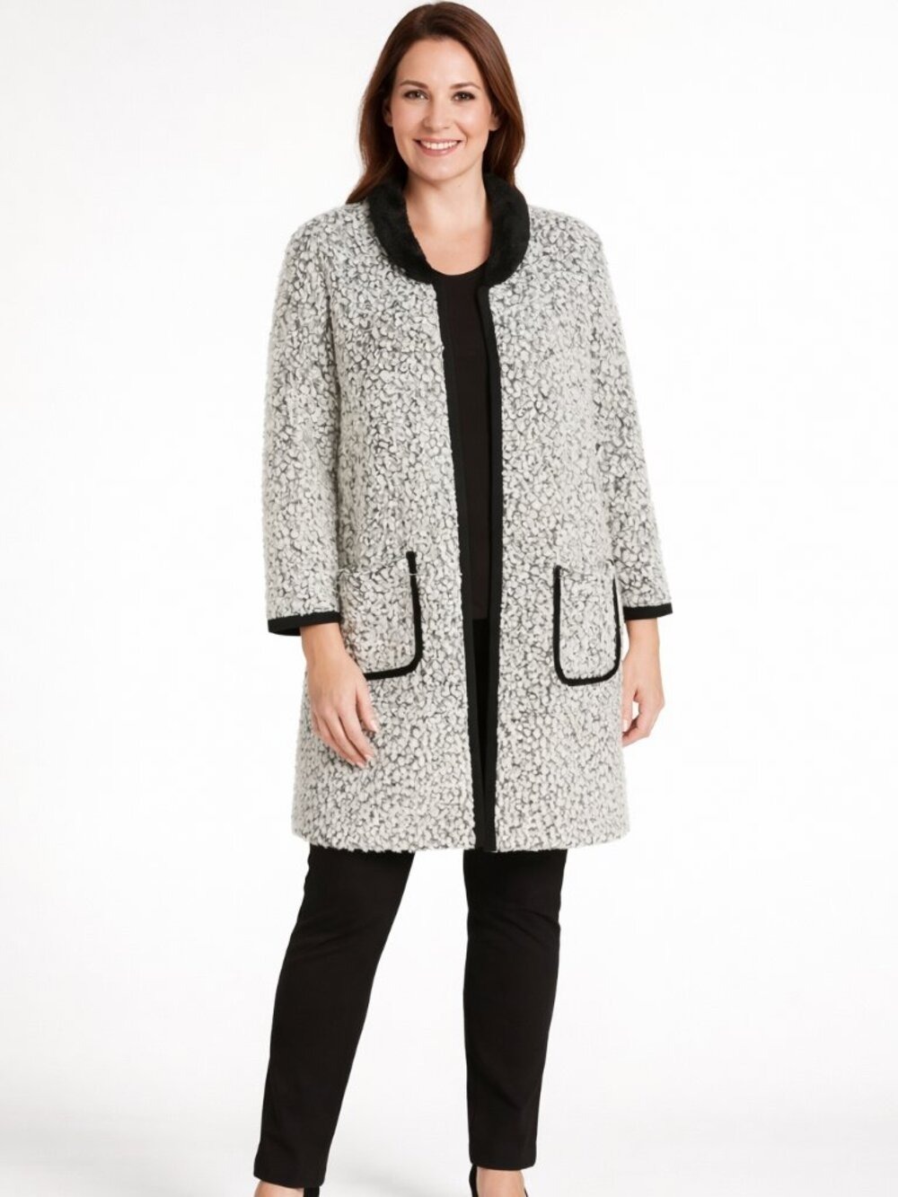 Sioni Bouclé Faux Fur Sweater Coat Jacket XL–Chic Winter Texture in Gray & Black
